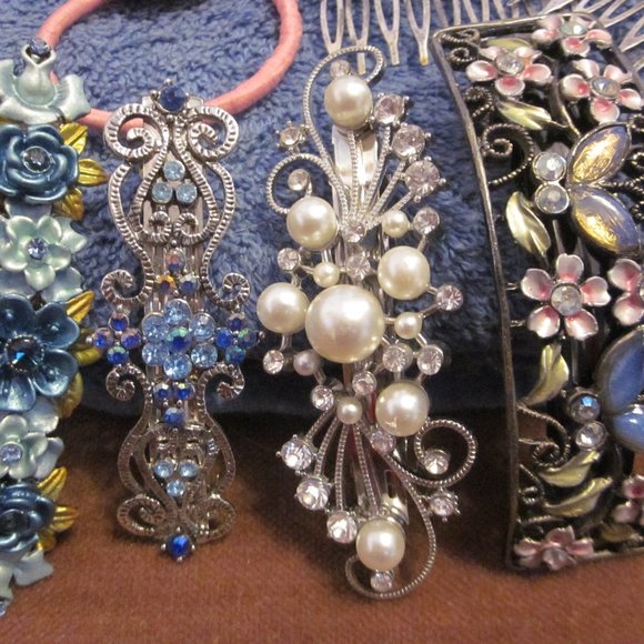 Set of 7 Crystal Hair Barrettes Combs Elastic - Picture 4 of 5